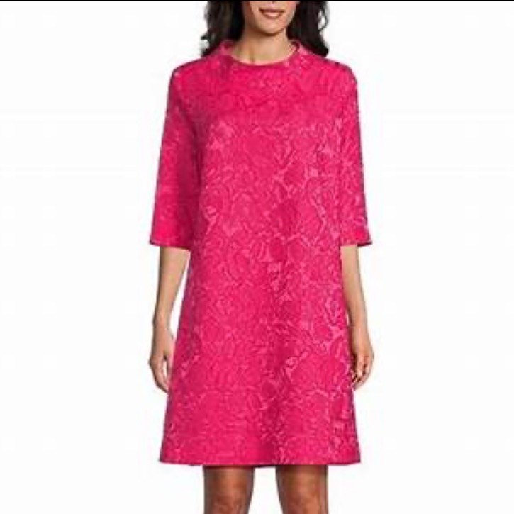 Caroline Rose Floral Cloque' Mock Collar 3/4 Sleeve Pocketed Shift Dress